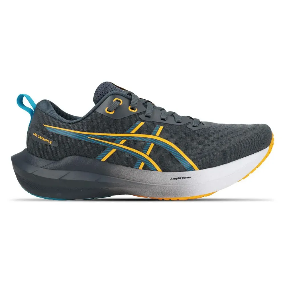 Tênis de corrida masculino Asics Gel-Shogun 8 cinza com detalhes em amarelo e azul, vista frontal